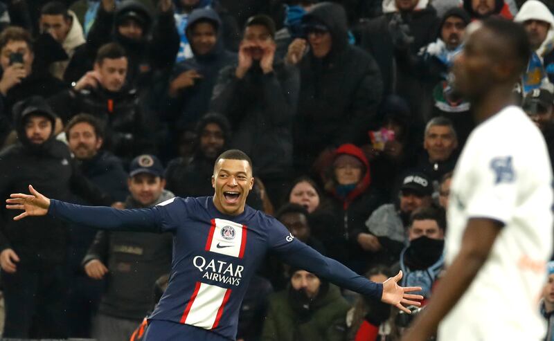 Kylian Mbappe of Paris Saint-Germain to make it 3-0, the final score, against Marseille, at Stade Velodrome, southern France, February 26, 2023. EPA