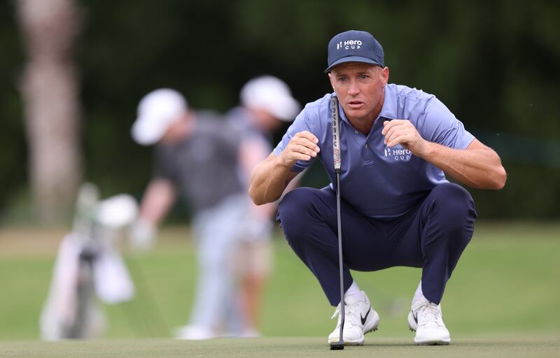 Continental Europe's Alex Noren lines up a putt on the third hole during his 5&3 defeat against Robert MacIntyre. Getty