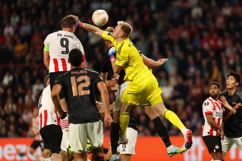 Luuk de Jong heads past Aaron Ramsdale. Getty