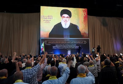 Lebanon's Hezbollah leader Hassan Nasrallah gives a televised address at the end of three days of condolences for his mother who passed away on Saturday, in Beirut's southern suburbs, Lebanon May 28, 2024. Reuters