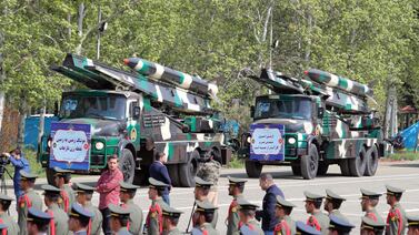 Iranian missiles are displayed during the annual Army Day celebration at a military base in Tehran on Wednesday. EPA