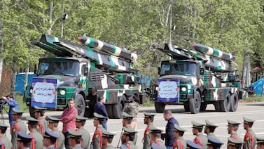 Iranian missiles are displayed during the annual Army Day celebration at a military base in Tehran on Wednesday. EPA