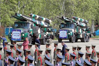 Iranian missiles are displayed during the annual Army Day celebration at a military base in Tehran on Wednesday. EPA