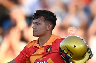 BIRMINGHAM, ENGLAND - AUGUST 10: Will Smeed of Birmingham Phoenix celebrates reachinh his century during the The Hundred match between Birmingham Phoenix Men and Southern Brave Men at Edgbaston on August 10, 2022 in Birmingham, England. (Photo by Gareth Copley / Getty Images)