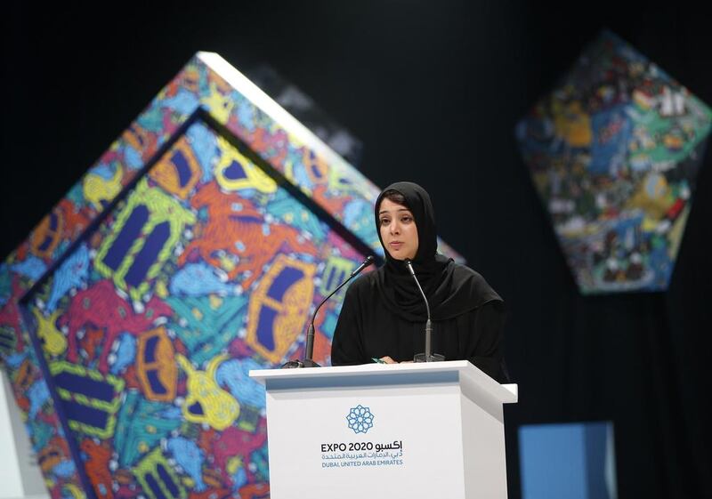 Reem Al Hashimy, Minister of State and Director General of the Dubai Expo 2020 bureau, speaks ahead of the launch of the For Everyone campaign. Karim Sahib / AFP