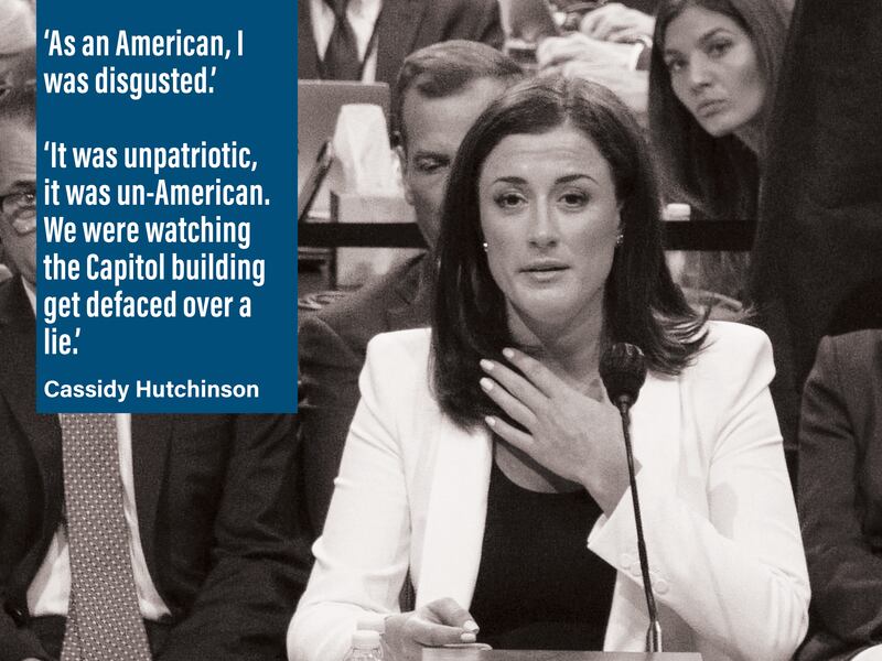 'As an American, I was disgusted. It was unpatriotic, it was un-American. We were watching the Capitol building get defaced over a lie.' Cassidy Hutchinson, an aide to then White House chief of staff Mark Meadows, speaking about the insurrection. AFP