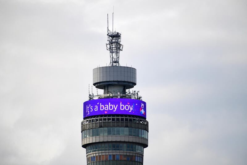 LONDON, ENGLAND - MAY 06: The BT Tower displays a celebratory message following the royal birth on May 6, 2019 in London, United Kingdom. Meghan, Duchess of Sussex gave birth to a baby boy weighing 7lbs 3oz at 05:26 BST.  (Photo by Chris J Ratcliffe/Getty Images)