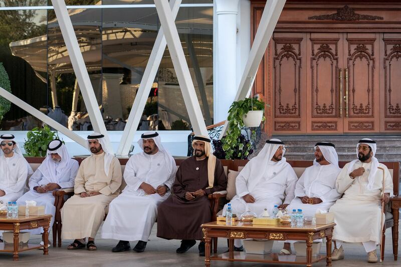 ABU DHABI, UNITED ARAB EMIRATES - December 5, 2018: (R-L) HH Sheikh Tahnoon bin Mohamed Al Nahyan, Ruler's Representative in Al Ain Region, HH Sheikh Suroor bin Mohamed Al Nahyan, HH Sheikh Mohamed bin Butti Al Hamed, HH Sheikh Nahyan bin Mubarak Al Nahyan, UAE Minister of State for Tolerance, HH Sheikh Saeed bin Mohamed Al Nahyan, HH Sheikh Ahmed bin Saif bin Mohamed Al Nahyan, HH Sheikh Nahyan bin Mubarak Al Nahyan, UAE Minister of State for Tolerance and HH Sheikh Hazza bin Tahnoon Al Nahyan, Undersecretary to the Ruler's Representative in Al Ain Region, attend a Sea Palace barza.

( Ryan Carter / Ministry of Presidential Affairs )
---