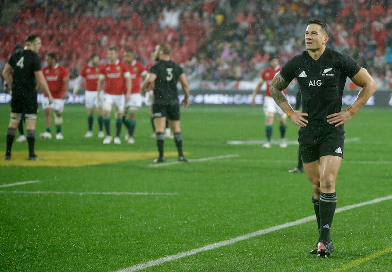 FILE - In this Saturday, July 1, 2017 file photo, New Zealand's Sonny Bill Williams, right, walks from the field after he was sent off during the second rugby test between the British and Irish Lions and the All Blacks in Wellington, New Zealand. All Blacks coach Steve Hansen is confident Williams will have completed a four-match suspension in time to play in the first Bledisloe Cup rugby test against the Wallabies on Aug. 19. (AP Photo/Mark Baker,File)