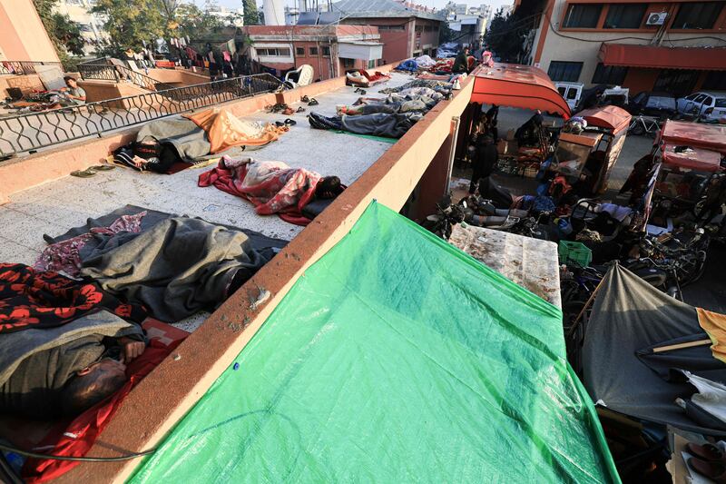 Palestinians from the Gaza Strip, looking for safety, camp on the grounds of Al Nasser Hospital in Khan Younis in the southern Gaza Strip. AFP