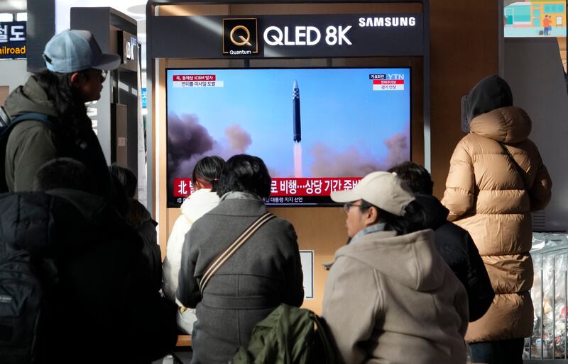 A TV screen shows a file image of North Korea's missile launch during a news program at the Seoul Railway Station in Seoul, South Korea, Monday, December 18, 2023.  AP