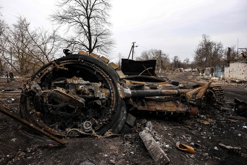 A destroyed Russian tank in the village of Lukianivka near Kyiv. AFP