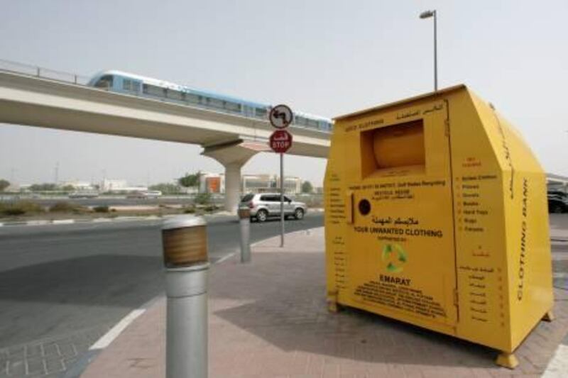 Dubai, United Arab Emirates, July 6 2011, Martin Croucher Story-  A yellow clothes drop box located at the Bin Hendi Emarats  Petrol Station along Sheikh Zayed Road  (South Bound) in Dubai. 
An organisation has put boxes around the country to collect clothes for Africa, However, sources close to this story revealed that many of the donated clothes were sold for profit. Mike Young / The National