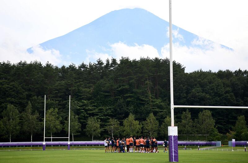 The France rugby union squad training at the Fuji Hokuroku Park in Fujiyoshida on Wednesday. The 2019 Rugby World Cup begins on September 20.  AFP