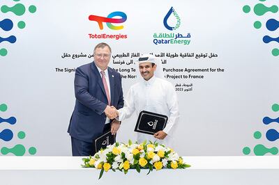 The agreements were signed by Saad Al-Kaabi, Qatar's Minister of State for Energy Affairs and Patrick Pouyanne, chairman and chief executive of TotalEnergies, in Doha. Photo: QatarEnergy