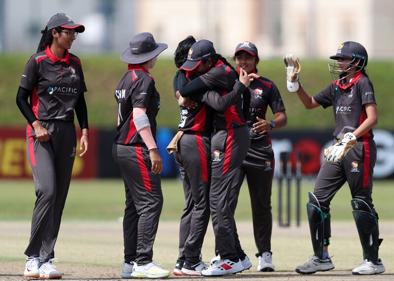 UAE's Siya Gokhale celebrates the wicket of Mariko Hill.