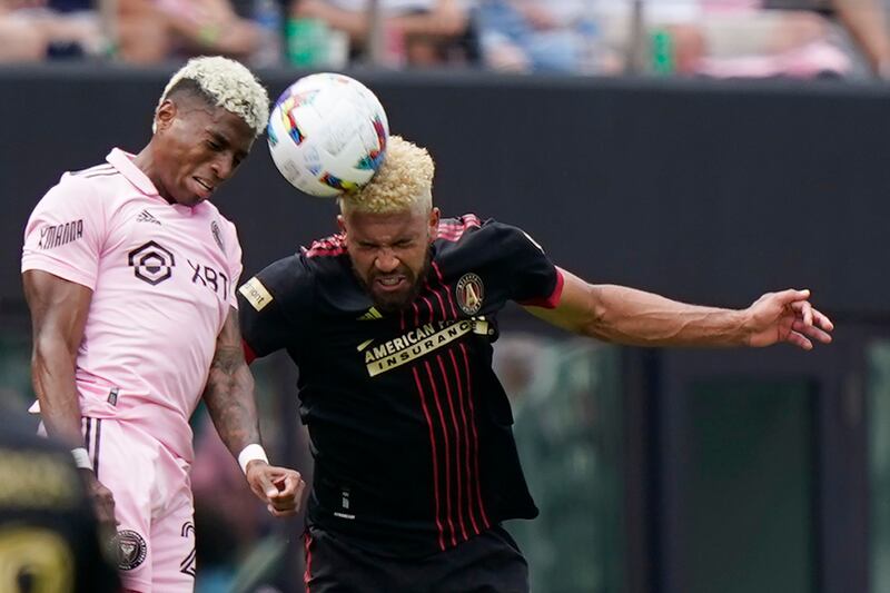 Inter Miami midfielder Emerson Rodriguez and Atlanta United defender George Campbell compete for the ball during a football match in Fort Lauderdale, Florida. AP