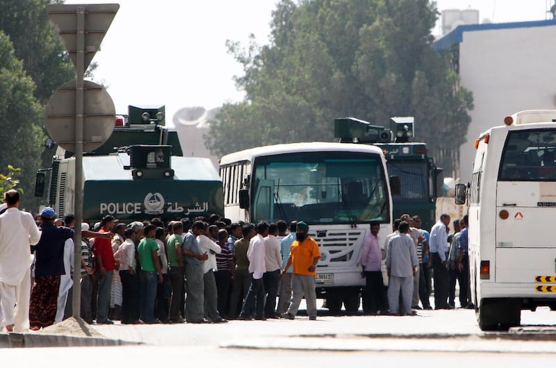 Workers protesting near the Arabtec labour camp in Jebel Ali Industrial area 1 on May 20, 2013. Pawan Singh / The National 