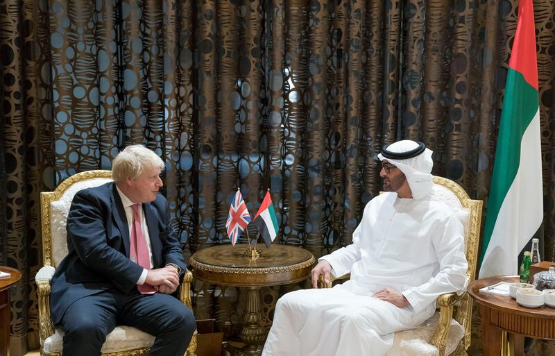ABU DHABI, UNITED ARAB EMIRATES - December 10, 2017: HH Sheikh Mohamed bin Zayed Al Nahyan Crown Prince of Abu Dhabi Deputy Supreme Commander of the UAE Armed Forces (R), meets with The Rt Hon Boris Johnson, Secretary of State for Foreign and Commonwealth Affairs of the UK (L), at Al Shati Palace. 

( Mohamed Al Hammadi / Crown Prince Court - Abu Dhabi )
---