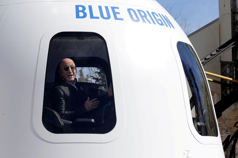 Amazon and Blue Origin founder Jeff Bezos addresses the media about the New Shepard rocket booster and Crew Capsule mockup at the 33rd Space Symposium in Colorado Springs, Colorado, United States on April 5, 2017. Reuters