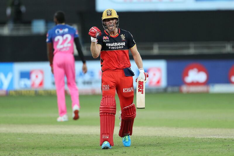 AB de Villiers of Royal Challengers Bangalore celebrates the win during match 33 of season 13 of the Dream 11 Indian Premier League (IPL) between the Rajasthan Royals and the Royal Challengers Bangalore held at the Dubai International Cricket Stadium, Dubai in the United Arab Emirates on the 17th October 2020.  Photo by: Ron Gaunt  / Sportzpics for BCCI