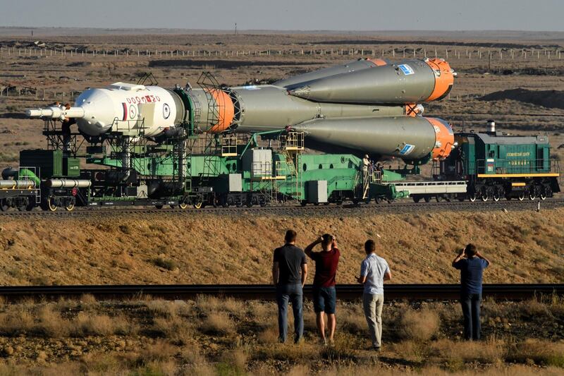 A Soyuz MS-06 spacecraft is transported by train to the launch pad at the Russian-leased Baikonur cosmodrome in Kazakhstan on September 10, 2017. - The launch of the Soyuz MS-06 with the members of the International Space Station (ISS) expedition 53/54, US astronauts Joseph Akaba and Mark Vande Hei and Russia's cosmonaut Alexander Misurkin is scheduled for September 13 from the Russian-leased Kazakh Baikonur cosmodrome. (Photo by Kirill KUDRYAVTSEV / AFP)
