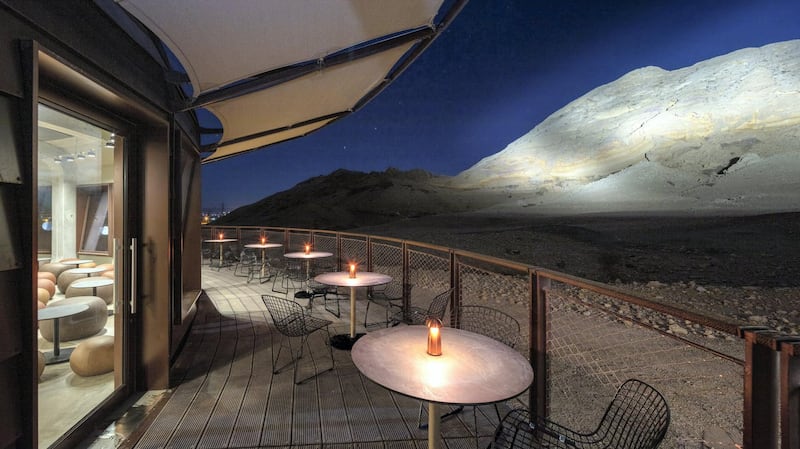 The geology park has a café with panoramic views of Jebel Buhais. Courtesy of Hopkins Architects