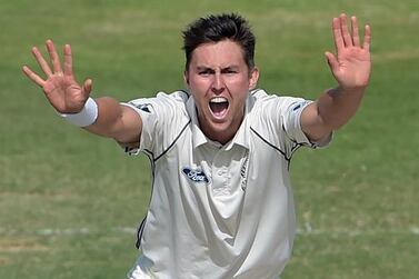 New Zealand bowler Trent Boult makes a successful appeal for a leg before wicket decision against Pakistani batsman Younis Khan for a duck (dismissal with zero runs) during the fourth day of the third and final Test match between New Zealand and Pakistan at the Sharjah cricket stadium in Sharjah on November 30, 2014. New Zealand were bowled out for 690 in their first innings. Resuming at 637-8, New Zealand increased their lead to 339 following Pakistan's 351 in their first innings. AFP PHOTO/ Aamir QURESHI