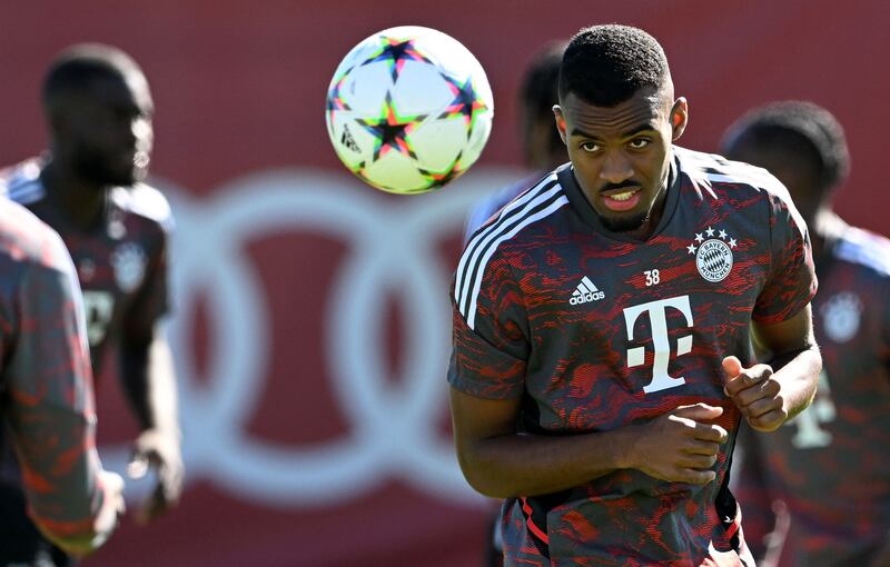 Bayern Munich midfielder Ryan Gravenberch heads the ball during training. AFP