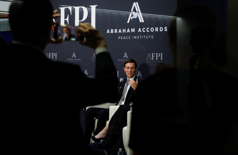 Mr Kushner speaks about the Abraham Accords during an event at the Donald Trump-affiliated America First Policy Institute in Washington. Reuters