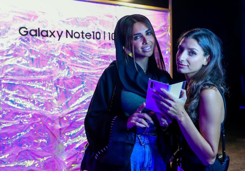 Dubai, United Arab Emirates, August 27, 2019.  Samsung Galaxy Note 10 Launch. --  (L-R)  Sara Madani and Melina Malliaroudaki.
Victor Besa/The National
Section:  BZ
Reporter:  Alkesh Sharma