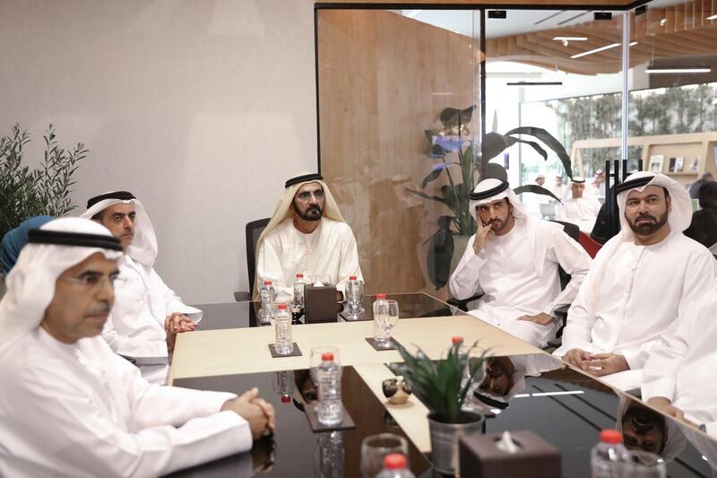 Sheikh Mohammed bin Rashid, Vice President and Ruler of Dubai, Sheikh Hamdan bin Mohammed, Dubai Crown Prince, Sheikh Saif bin Zayed, Deputy Prime Minister and Minister of Interior, and Mohammed Al Gergawi, Minister of Cabinet Affairs and the Future, are told about the phases and objectives of the Government Accelerators. Wam