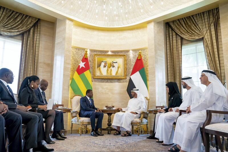 ABU DHABI, UNITED ARAB EMIRATES - March 11, 2019: HH Sheikh Mohamed bin Zayed Al Nahyan, Crown Prince of Abu Dhabi and Deputy Supreme Commander of the UAE Armed Forces (4th R), meets with Faure Gnassingbé, Presdient of Togo (5th R), at Al Shati Palace. Seen with HE Hussain Al Nowais, Chairman of the Khalifa Fund to Support and Develop Small & Medium Enterprises (R), HE Mohamed Mubarak Al Mazrouei, Undersecretary of the Crown Prince Court of Abu Dhabi and HE Reem Ibrahim Al Hashimi, UAE Minister of State for International Cooperation (3rd R). 

( Mohamed Al Hammadi / Ministry of Presidential Affairs )
---