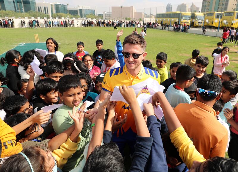 Former England international Joe Denly meets students at the Indian International School in Dubai Silicon Oasis. Denly will be playing for Sharjah Warriors in the new International League T20. All images by Chris Whiteoak / The National