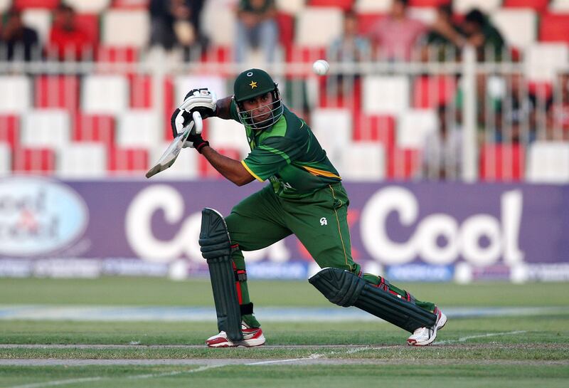 
SHARJAH , UNITED ARAB EMIRATES Ð Aug 28 : Nasir Jamshed of Pakistan playing a shot during the 1st one day international cricket match between Pakistan vs Australia at Sharjah Cricket Stadium in Sharjah. ( Pawan Singh / The National ) For  Sports. Story Paul and Ahmed