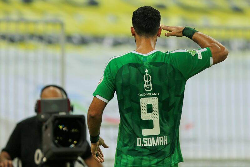 Al Ahli player Omar Al Somah celebrates his goal during the Saudi Professional League football match between Al Ittihad and Al Ahli in Jeddah, Saudi Arabia. EPA