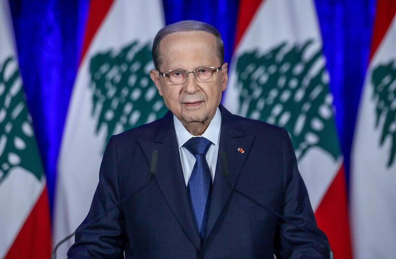epa08015265 A handout photo made available by Lebanese official photographer Dalati Nohra shows Lebanese President Michel Aoun speaks to the people for the 76th independence anniversarym at the presidential palace in Baabda, east of Beirut, Lebanon 21 November 2019. The dialogue alone is the right way to resolve crisis, President Michel Aoun said in his message to the Lebanese people on the 76th anniversary of independence.  EPA/DALATI NOHRA HANDOUT  HANDOUT EDITORIAL USE ONLY/NO SALES