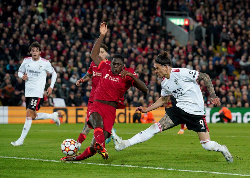 Benfica's Darwin Nunez scores a disallowed goal during the Champions League quarter-final, second leg against Liverpool at Anfield on April 13, 2022. PA