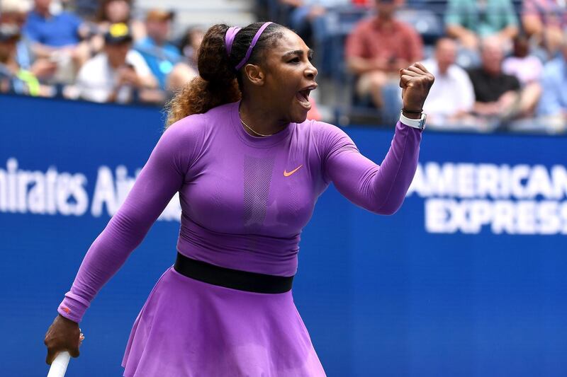 NEW YORK, NEW YORK - SEPTEMBER 01: Serena Williams of the United States celebrates a point during her Women's Singles fourth round match against Petra Martic of Croatia on day seven of the 2019 US Open at the USTA Billie Jean King National Tennis Center on September 01, 2019 in Queens borough of New York City.   Emilee Chinn/Getty Images/AFP
== FOR NEWSPAPERS, INTERNET, TELCOS & TELEVISION USE ONLY ==
