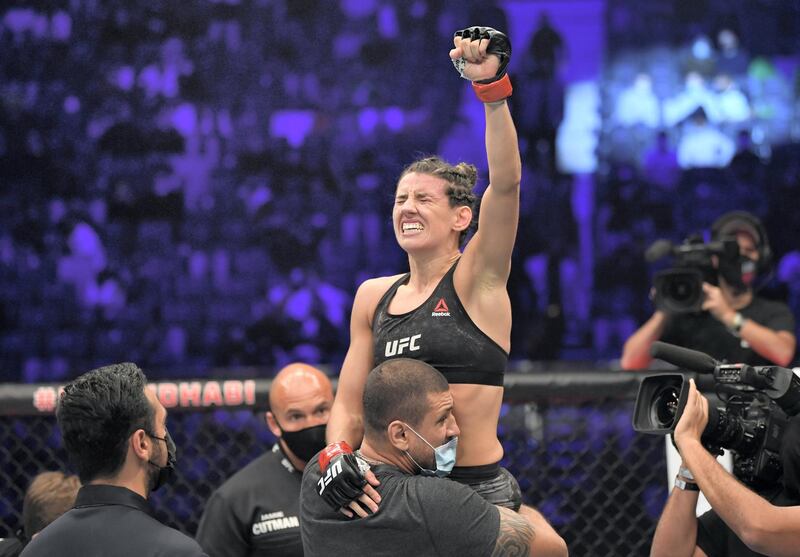 ABU DHABI, UNITED ARAB EMIRATES - JANUARY 23: Marina Rodriguez of Brazil reacts after her knockout victory over Amanda Ribas of Brazil in a strawweight fight during the UFC 257 event inside Etihad Arena on UFC Fight Island on January 23, 2021 in Abu Dhabi, United Arab Emirates. (Photo by Jeff Bottari/Zuffa LLC)