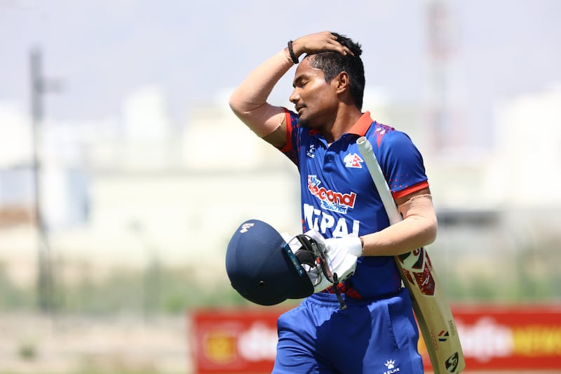 Nepal captain Rohit Paudel looks dejected after getting out against the UAE.