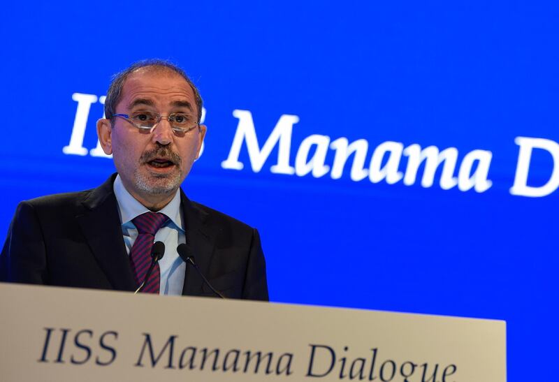 Jordan's Deputy Prime Minister and Foreign Affairs Minister Ayman Safadi speaks during a session at the Manama Dialogue security conference in the Bahraini capital on December 5, 2020.  / AFP / Mazen Mahdi
