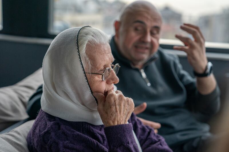 Hosniya Al Burnu, 74, with her son Mamdouh Al Burnu, in an Istanbul hotel after leaving Gaza