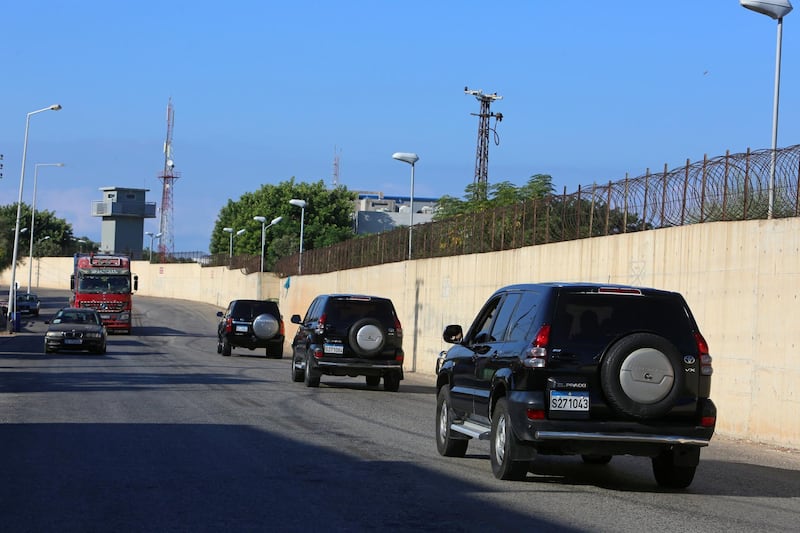 A convoy of vehicles passes from Naqoura ahead of talks between Israel and Lebanon on disputed waters, near the Lebanese-Israeli border, southern Lebanon October 14, 2020. REUTERS/Aziz Taher