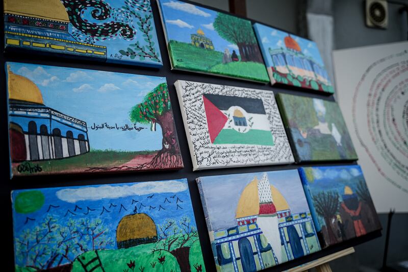 Paintings with Palestinian motifs were among the artworks displayed at Artists for Peace: Shadow Ban This! 