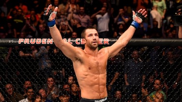 Luke Rockhold celebrates defeating Lyoto Machida of Brazil at the UFC Fight Night event at Prudential Center on April 18, 2015, in Newark, New Jersey. Getty Images