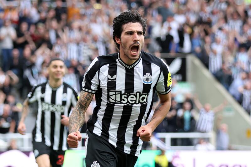 Sandro Tonali celebrates after opening the scoring for Newcastle United in their 5-1 Premier League win over Aston Villa at St James' Park on August 12, 2023. Getty