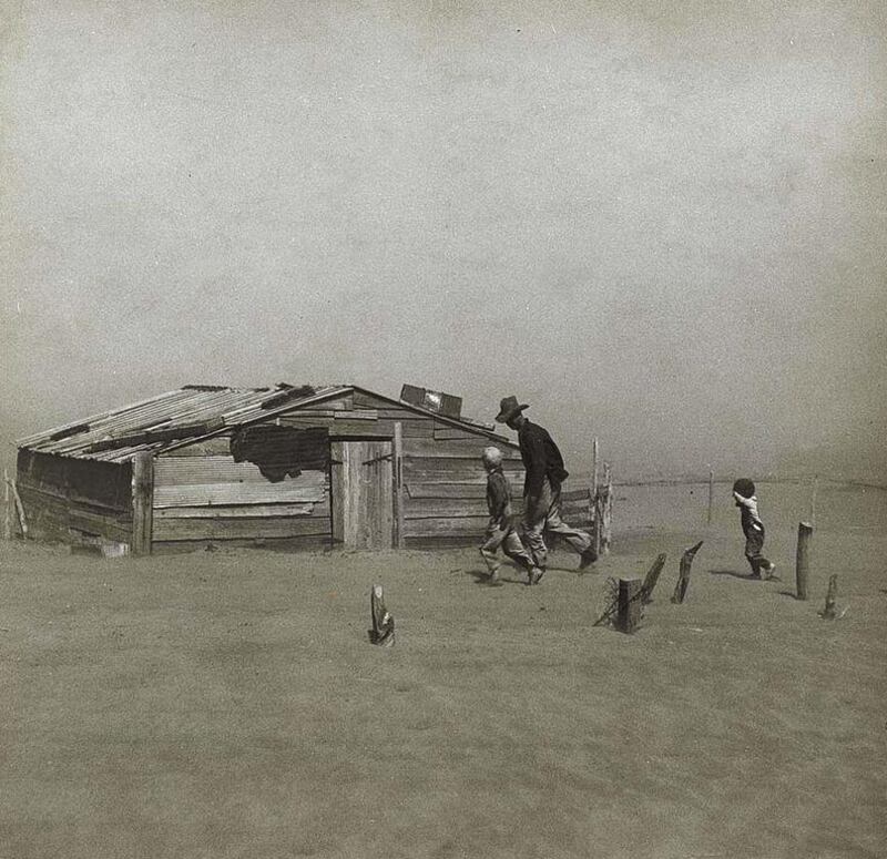 The livelihood-destroying storms in the so-called ‘Dust Bowl’ of 1930s America were a big influence on Woody Guthrie’s music, providing a theme that he returns to several times during his box-set American Radical Patriot. Universal History Archive / Getty Images