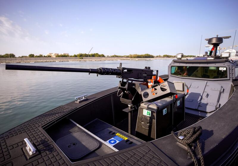 Abu Dhabi, United Arab Emirates, February 23, 2021.  Idex 2021 Day 3.
Aksum Marine at NAVDEX. A .50 caliber heavy machine gun mounted on the Chaser 980 speedboat.
Victor Besa / The National
Section:  NA
Reporter: