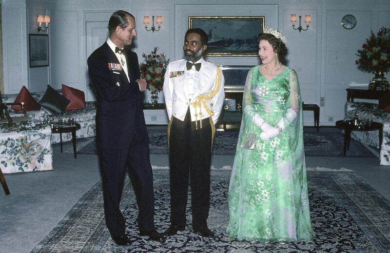 MUSCAT, OMAN - FEBRUARY 29:  Queen Elizabeth ll and Prince Philip, Duke of Edinburgh entertain Sultan Qaboos on board the royal Yacht Britannia during a State Visit to Oman on February 29, 1979 in Muscat, Oman. (Photo by Anwar Hussein/Getty Images)